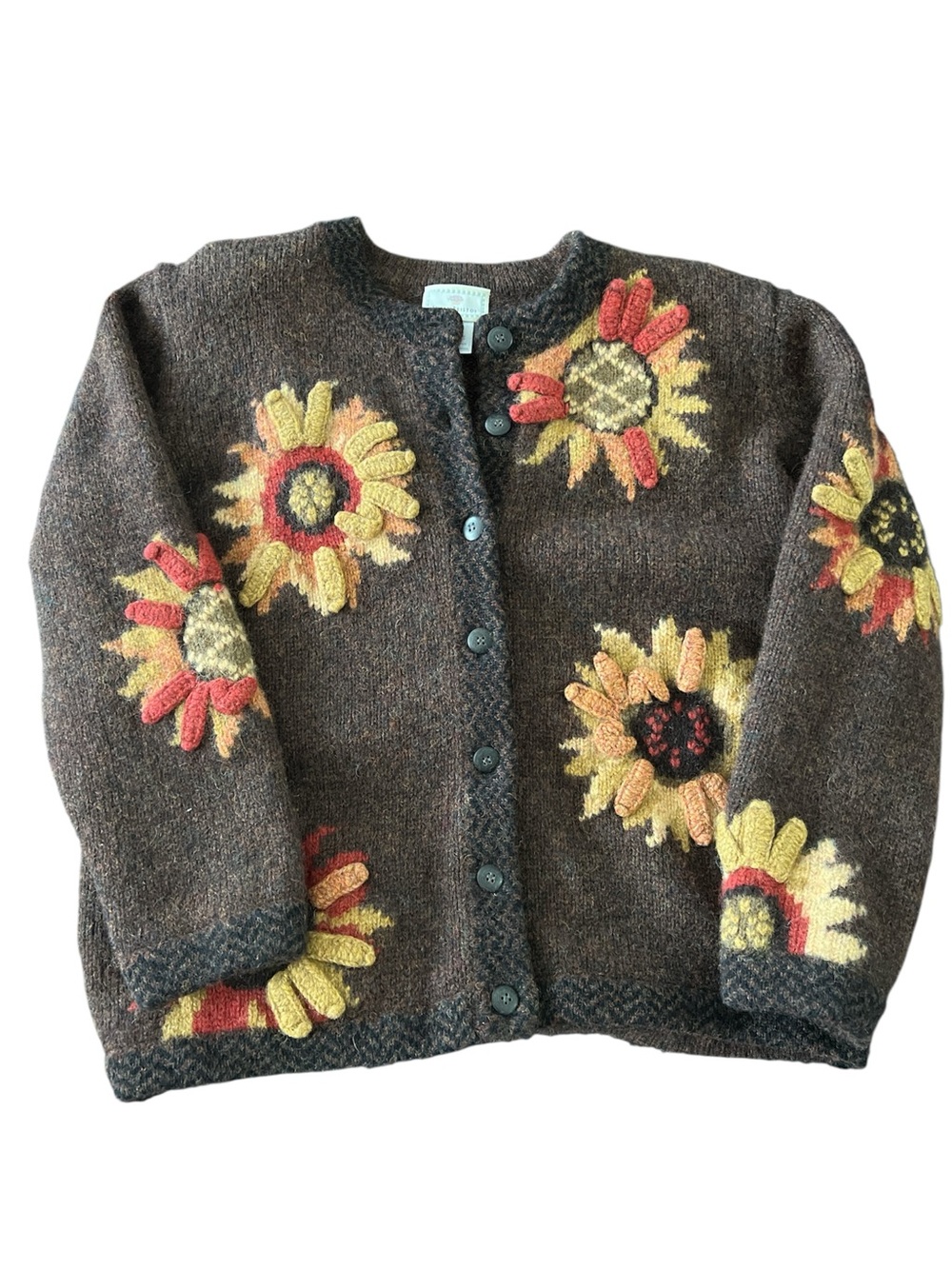Susan Bristol Sunflower Embroidered Cardigan - Brown with Yellow & Red Flowers